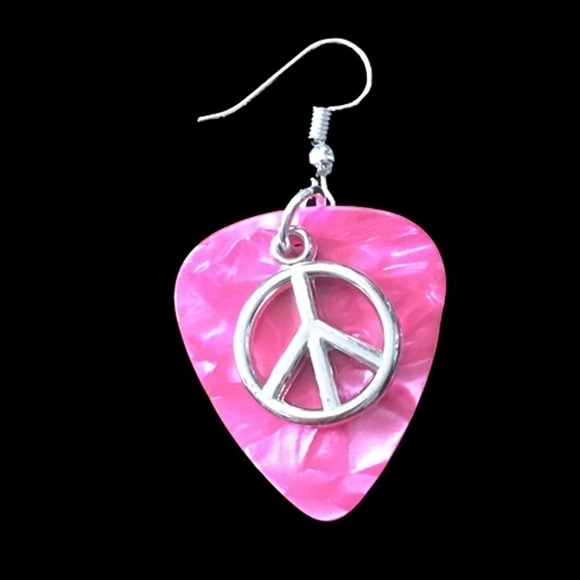 HANDCRAFTED Drop Earrings Repurposed Guitar Picks Peace Signs on Pearlized Pink - Picture 3 of 6